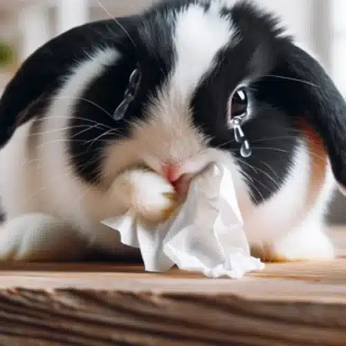 basic-rabbit-care-signs-of-illness-a-black-and-white-rabbit-with-watering-eyes-blowing-its-nose